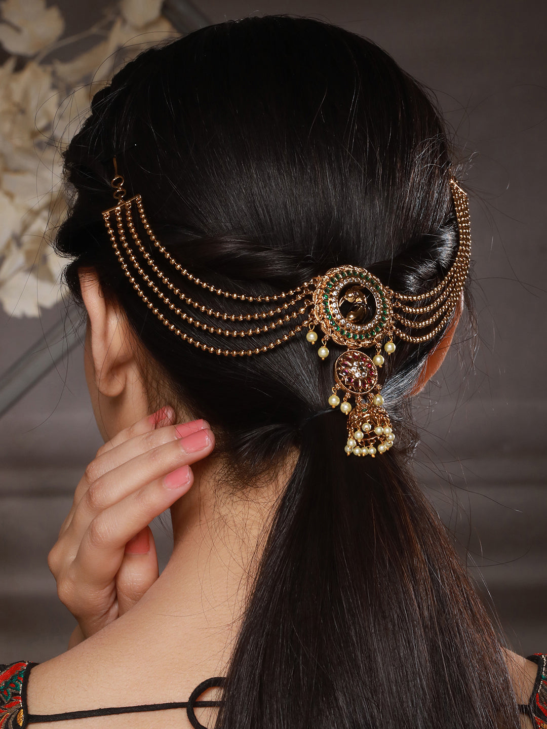 Gold Plated Kemp Studded Pearl Beaded Peacock Motif Bridal 3 layered chain Jadai billai Hair broach